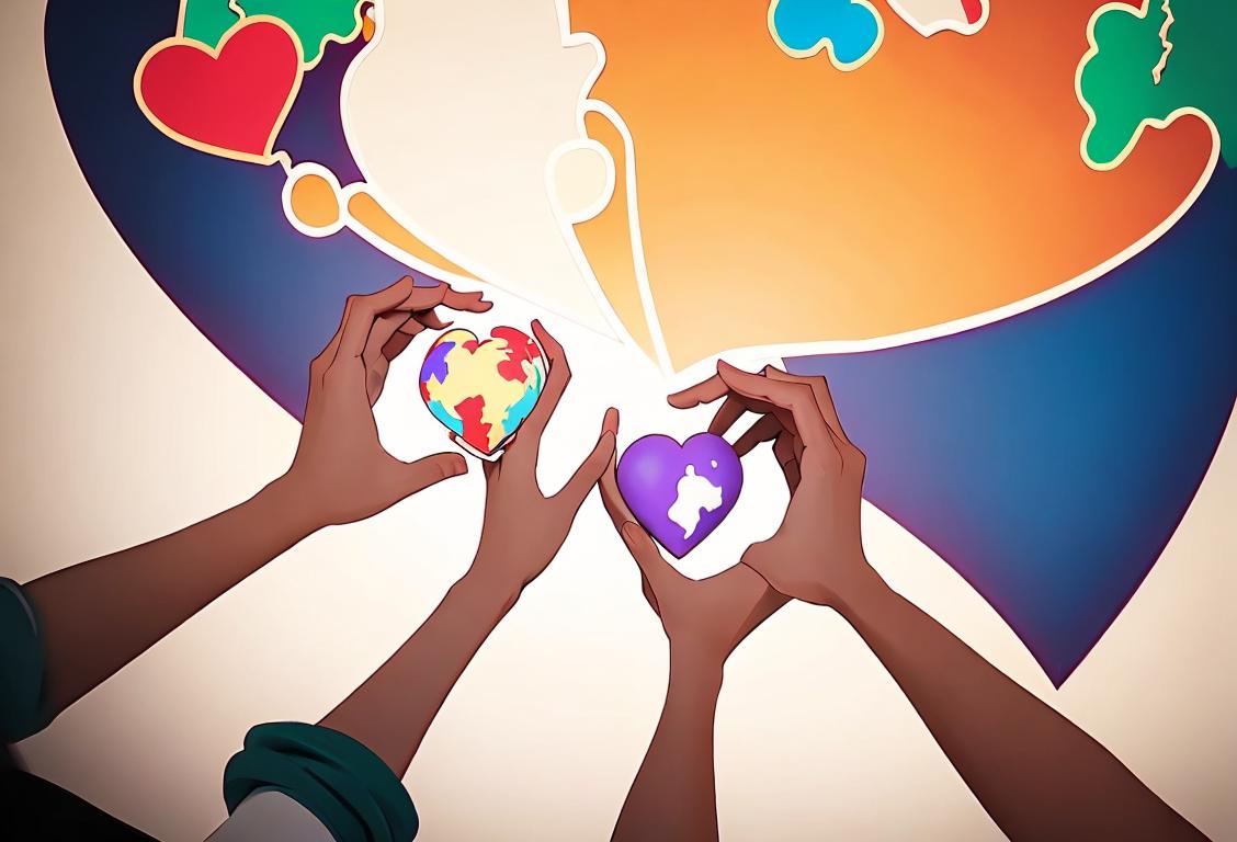 A group of diverse individuals in different iconic outfits, holding hands and surrounded by a heart-shaped globe, symbolizing unity and global care..