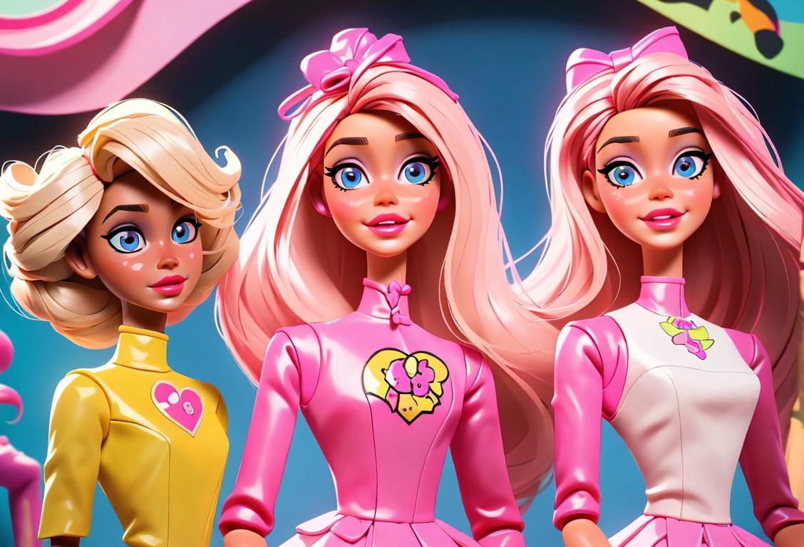 A group of children playing with their favorite Barbie dolls, dressed in trendy outfits and surrounded by colorful accessories, in a vibrant and imaginative playroom..
