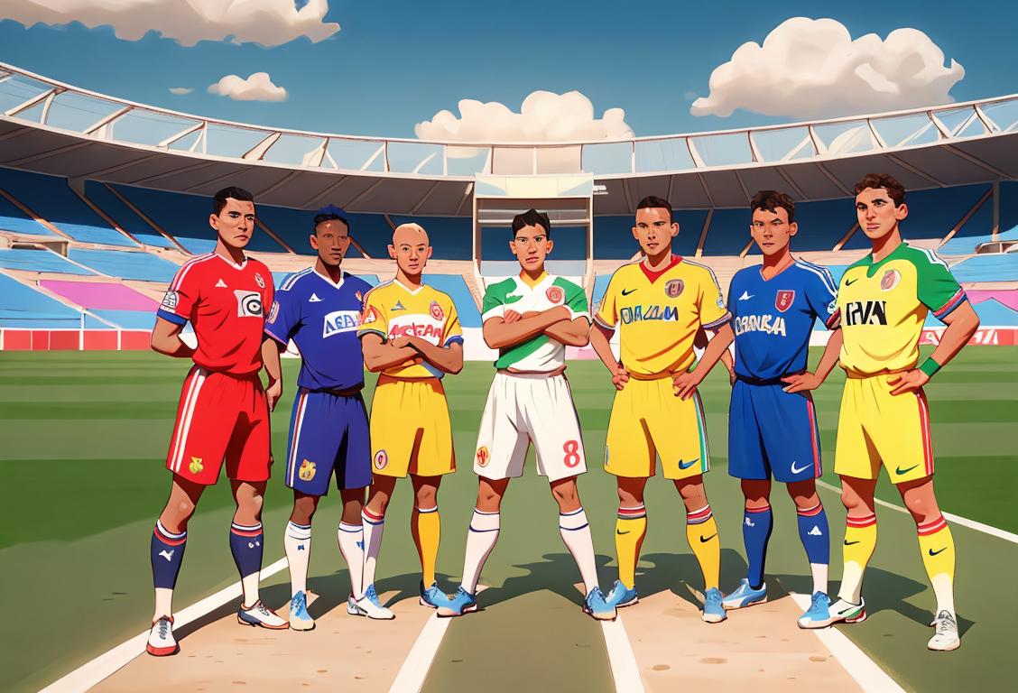 A diverse group of people wearing different team jerseys, displaying unity and support, in a vibrant stadium setting..