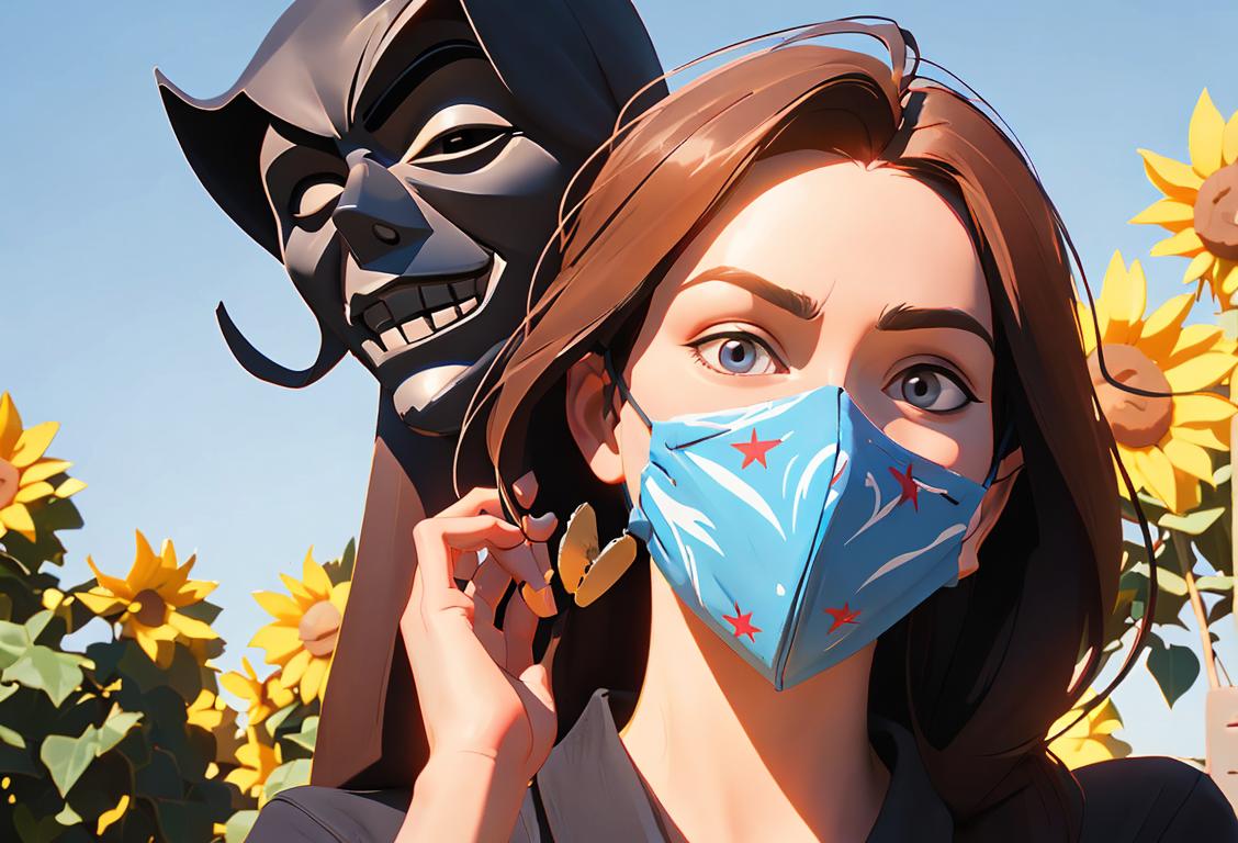 Happy person untying the strings of a mask with symbols of freedom in the background, wearing casual clothing, outdoors, sunny weather..