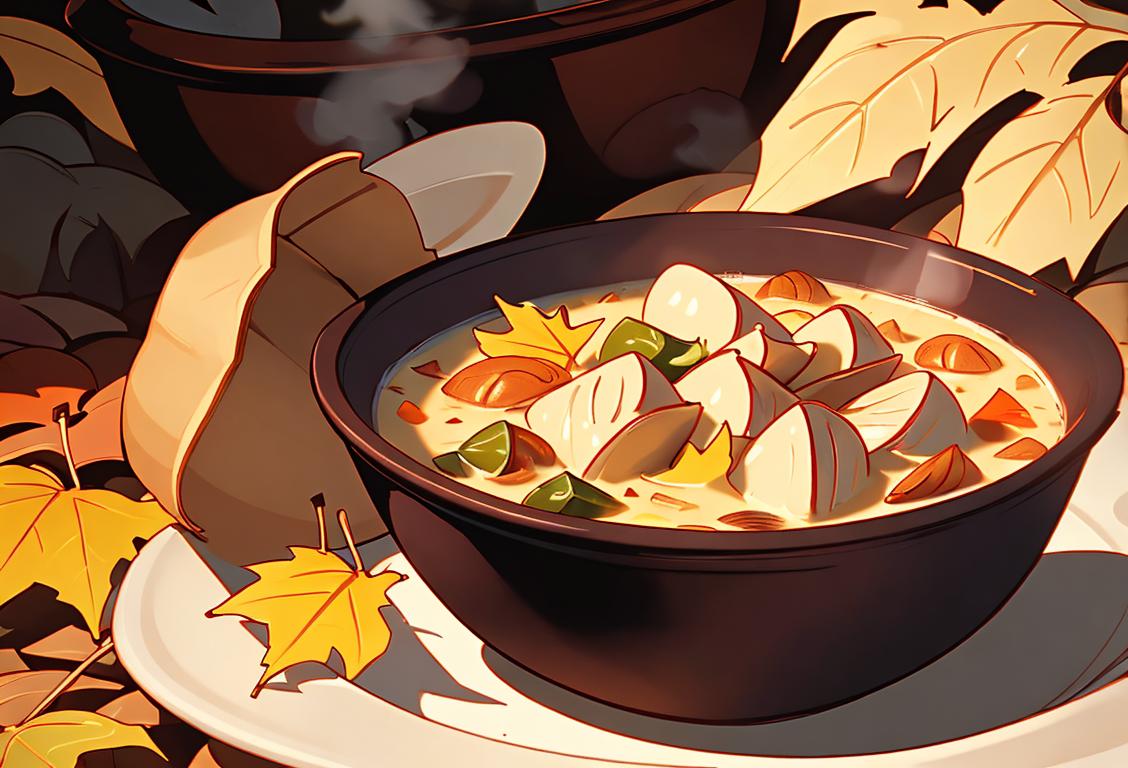 A cozy scene with a bowl of steaming chowder, surrounded by autumn leaves and a warm scarf..