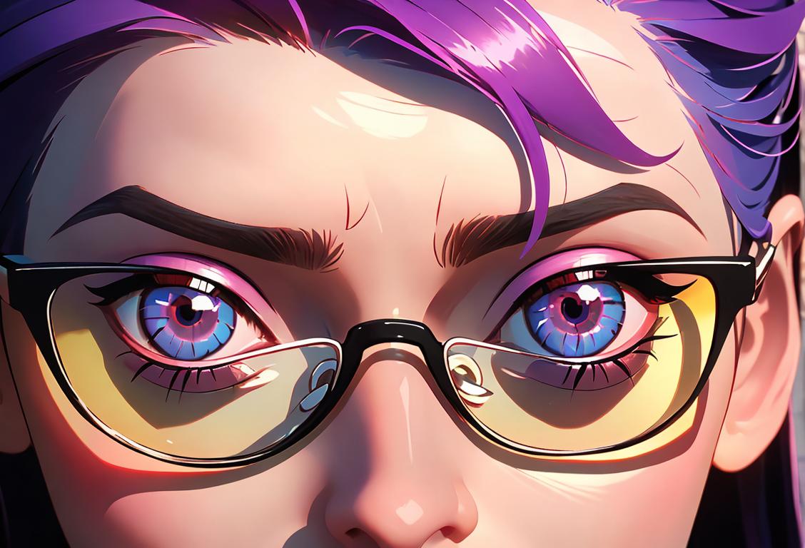 A close-up image of two eyes with different colored irises, surrounded by vibrant and mesmerizing colors. The person can be wearing stylish glasses and be in a trendy urban setting..