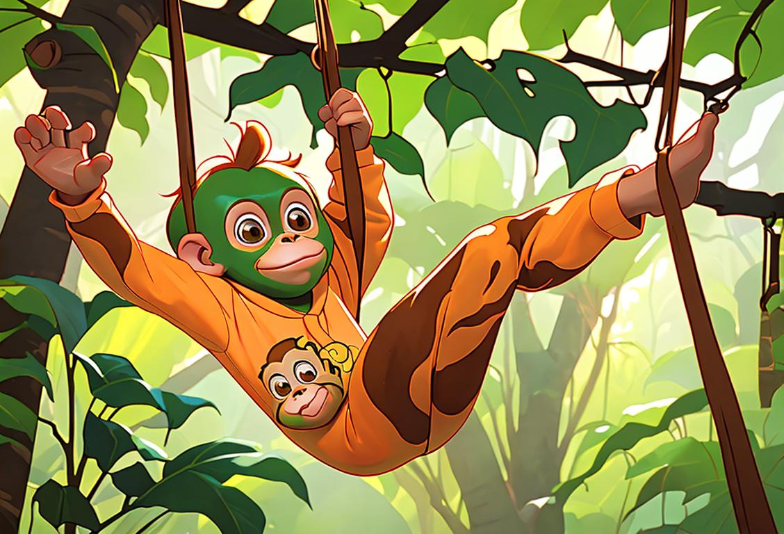 Adorable baby orangutan swinging from trees, wearing a cute banana-print onesie, lush rainforest setting..