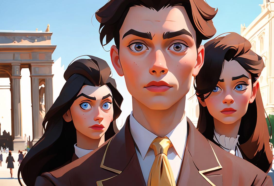 A group of people named Johnny, dressed in various styles from different time periods, posing in front of famous historical landmarks..