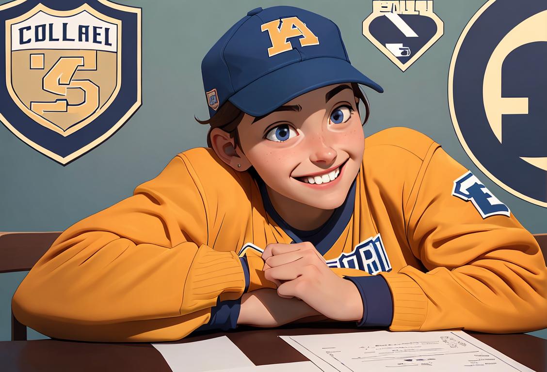 Young athlete smiling with excitement, wearing college jersey, surrounded by college logos and a stack of scholarship papers..