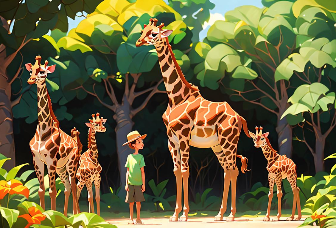 A group of children marveling at a tall giraffe at a zoo, wearing colorful summer clothes, surrounded by lush greenery..