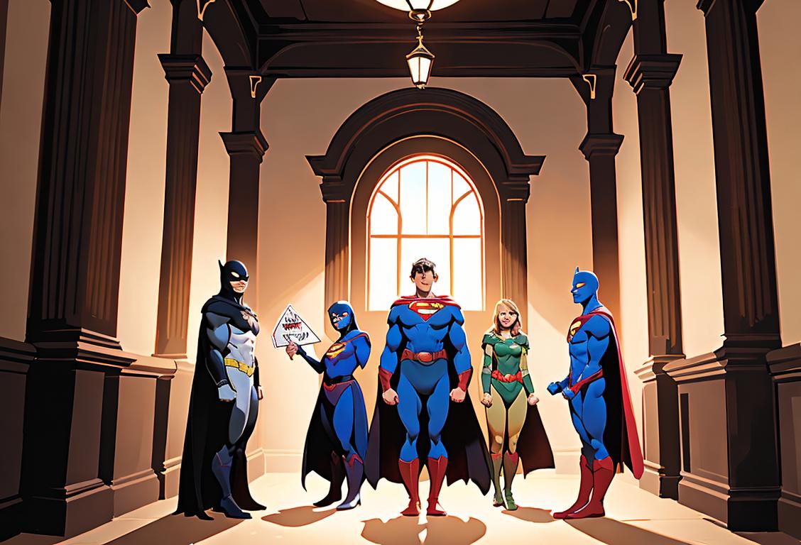 A group of people wearing superhero capes, standing in front of a local chamber building. One person is holding a sign that says 'Support Your Local Chamber Day'..