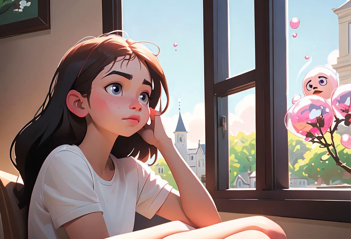 Young person daydreaming, sitting on a windowsill, with a thought bubble filled with different desires floating above their head..