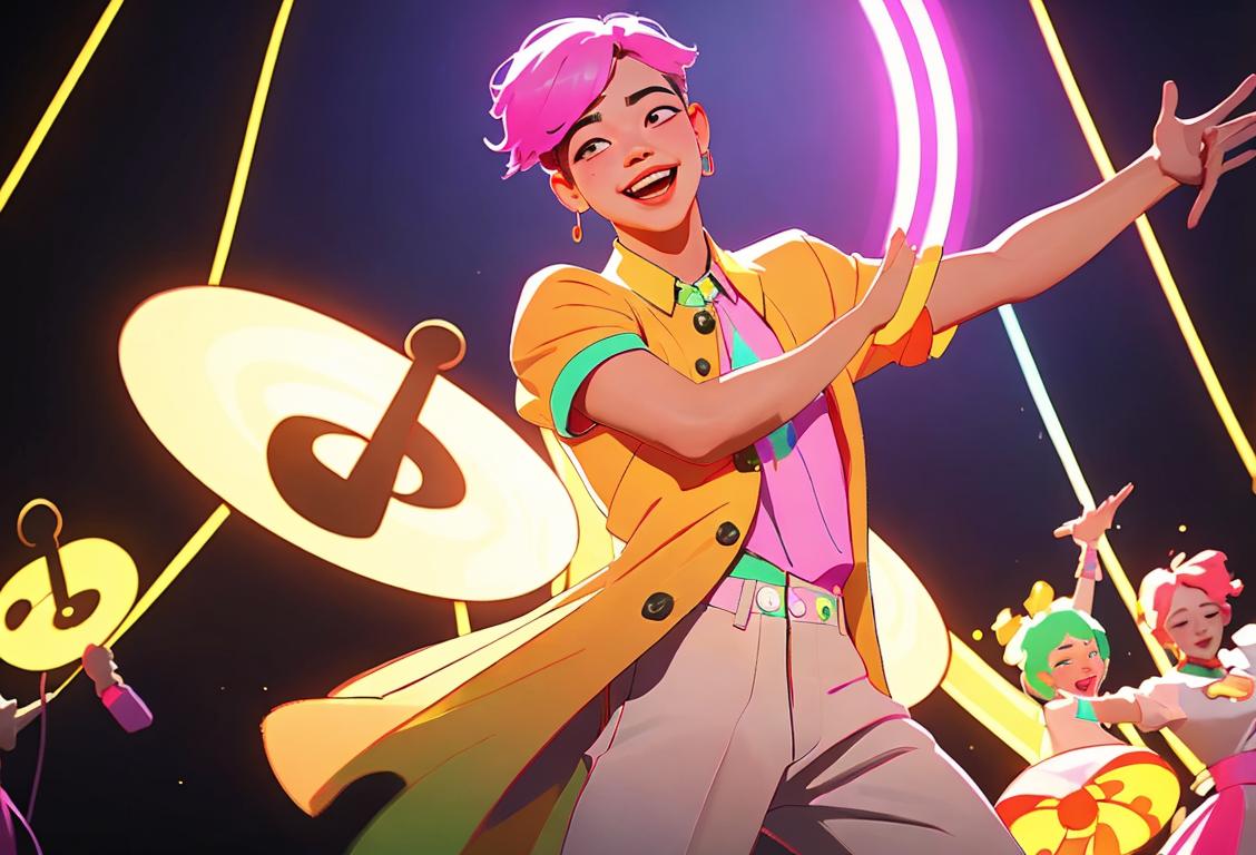 A young person wearing stylish clothes, dancing with joy, surrounded by colorful lights and music, celebrating National Jimin Day!.