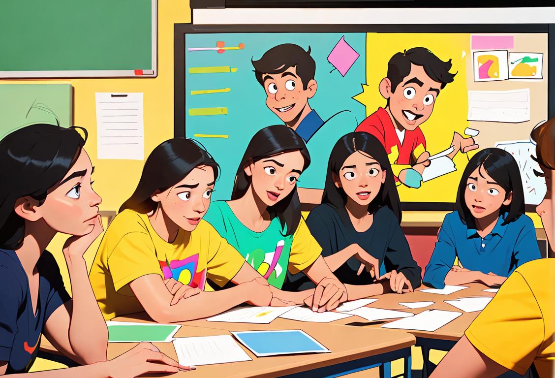 A group of diverse individuals excitedly gathered around a whiteboard, holding colorful Spanish flashcards, dressed in casual attire, in a vibrant classroom setting..