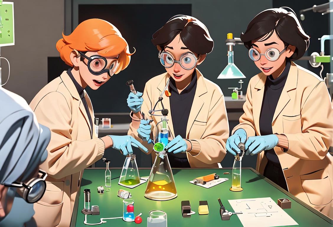 Cheerful group of diverse citizen scientists, wearing lab coats and safety goggles, collaborating on a fascinating scientific experiment amidst a modern laboratory.