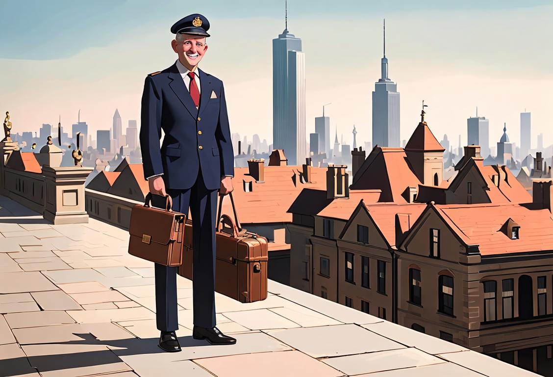 A well-dressed veteran holding a briefcase, standing in front of a bustling cityscape, displaying pride and professionalism with an infectious smile..