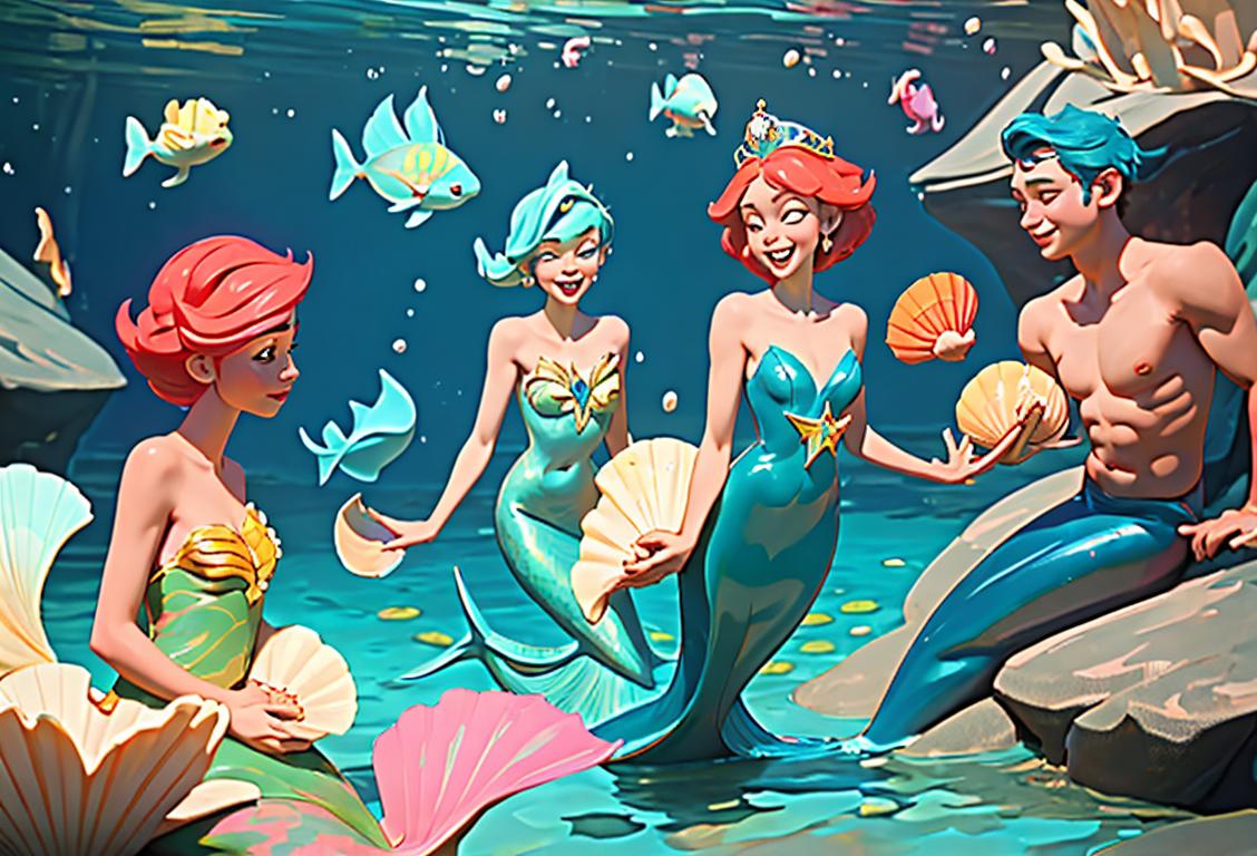 A joyful scene featuring people wearing colorful mermaid costumes, holding crowns and surrounded by water and seashells..