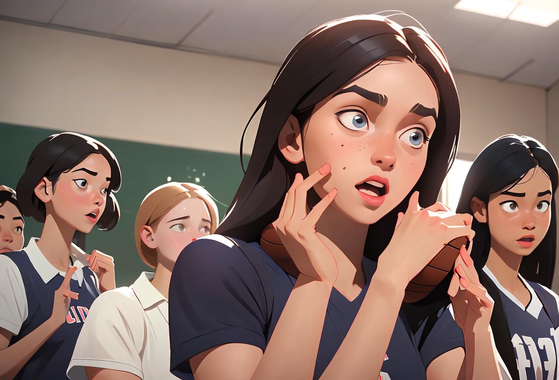 Young girl in a sports jersey, holding a basketball, with a group of friends cheering in the background, school gymnasium..