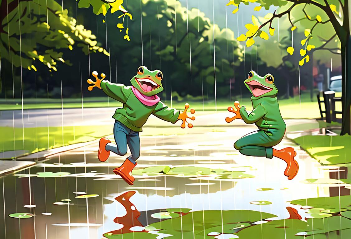 Cheerful child enthusiastically leaping over a puddle in nature, wearing rain boots, with a picturesque, sunny park scene in the background..
