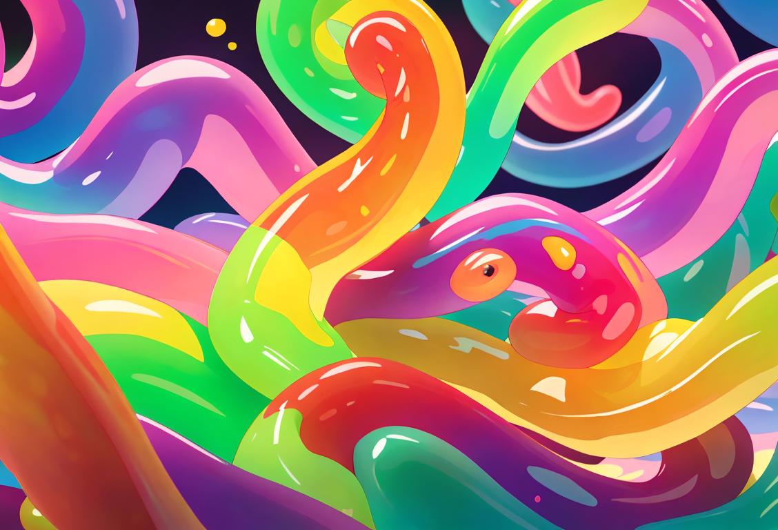 Colorful gummy worms squiggling on a bright, candy-themed background, surrounded by smiling children in a playful, park setting..