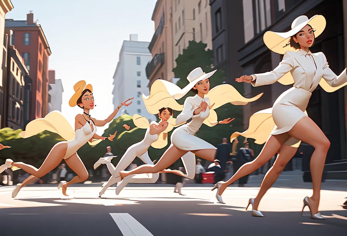 A group of people gracefully dodging social commitments, swerving away from awkward conversations, wearing stylish outfits and elegant hats, in an urban setting..