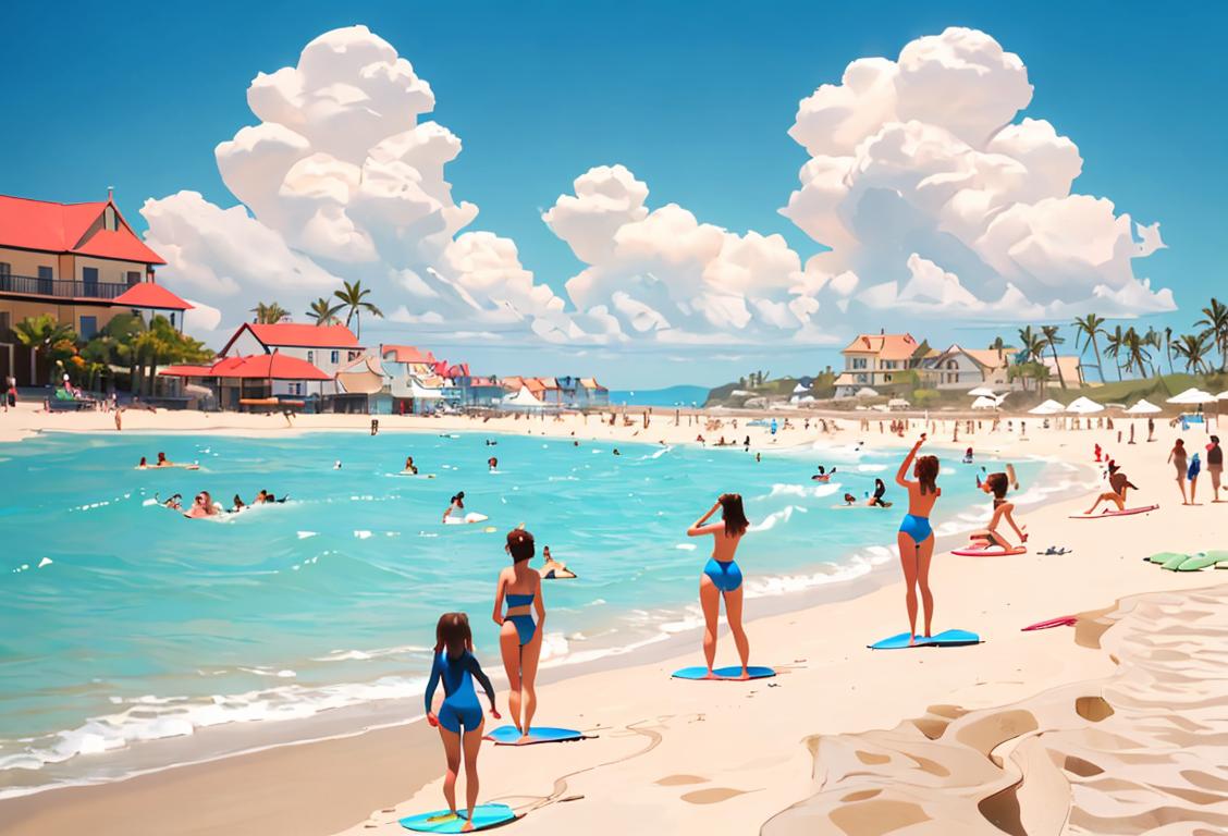A diverse group of people wearing colorful swimsuits, enjoying a beach day, with water activities like surfing, swimming, and building sandcastles, celebrating National World Water Day..