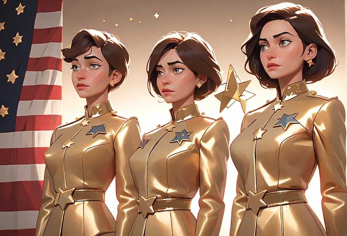 A group of diverse women wearing gold star pins, standing together in front of a patriotic backdrop..