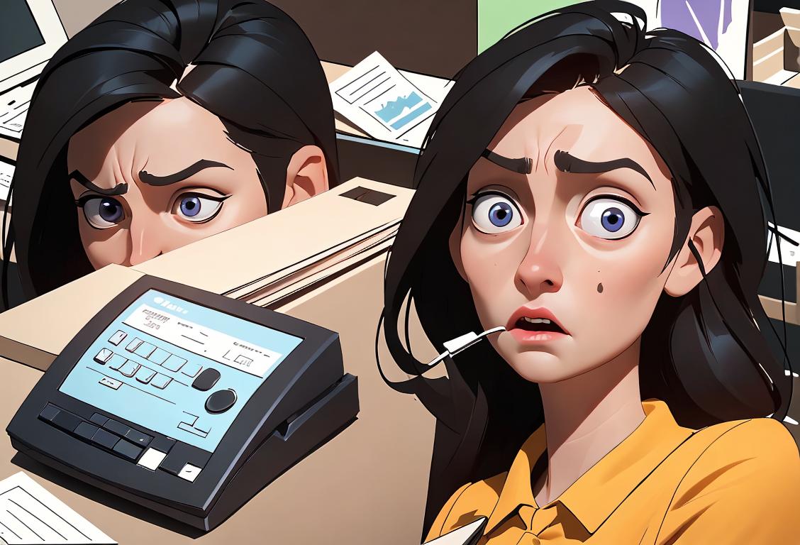 A confused customer with a bemused expression, encountering a disinterested employee, surrounded by chaotic office desks and ringing phones..