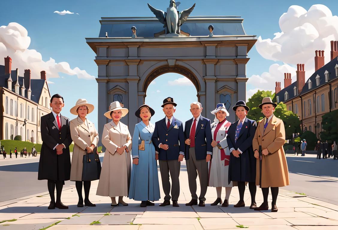 A group of diverse individuals dressed in clothes from different eras, posing in front of a historical landmark, representing the essence of National Commemorative Day..