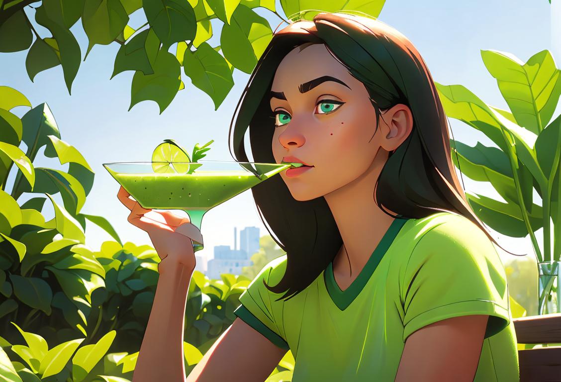 Young woman holding a glass of vibrant green juice, wearing athletic clothing, outdoors in a lush garden setting..