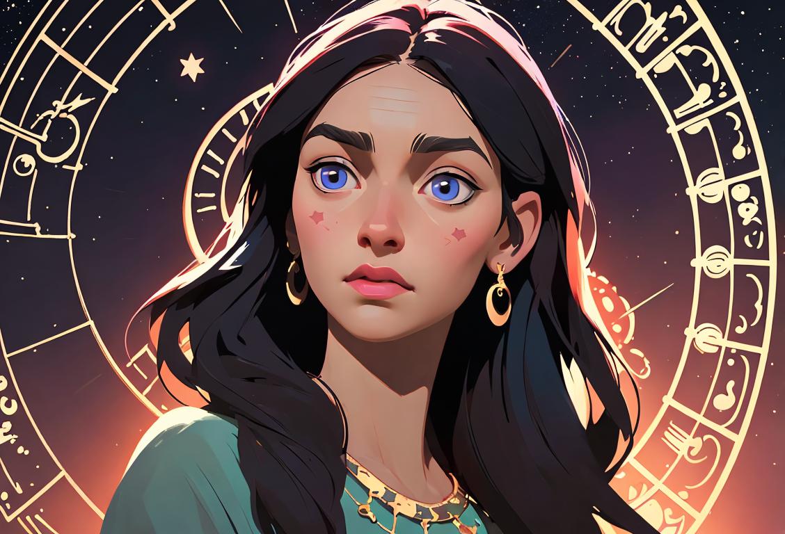 Young woman gazing at the night sky, wearing bohemian attire, surrounded by glittering stars and mystical symbols..