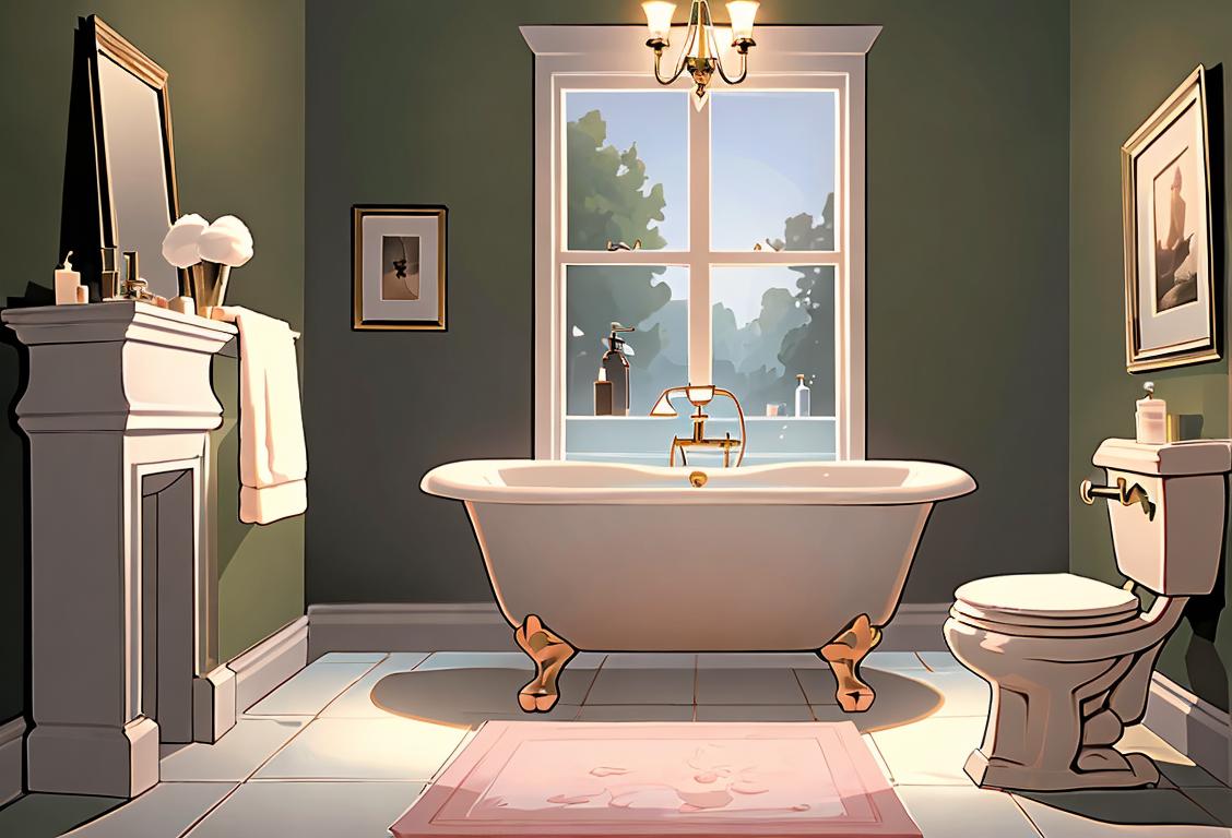 A serene bathroom scene with a bathtub filled with bubbles, complete with scented candles and fluffy towels..