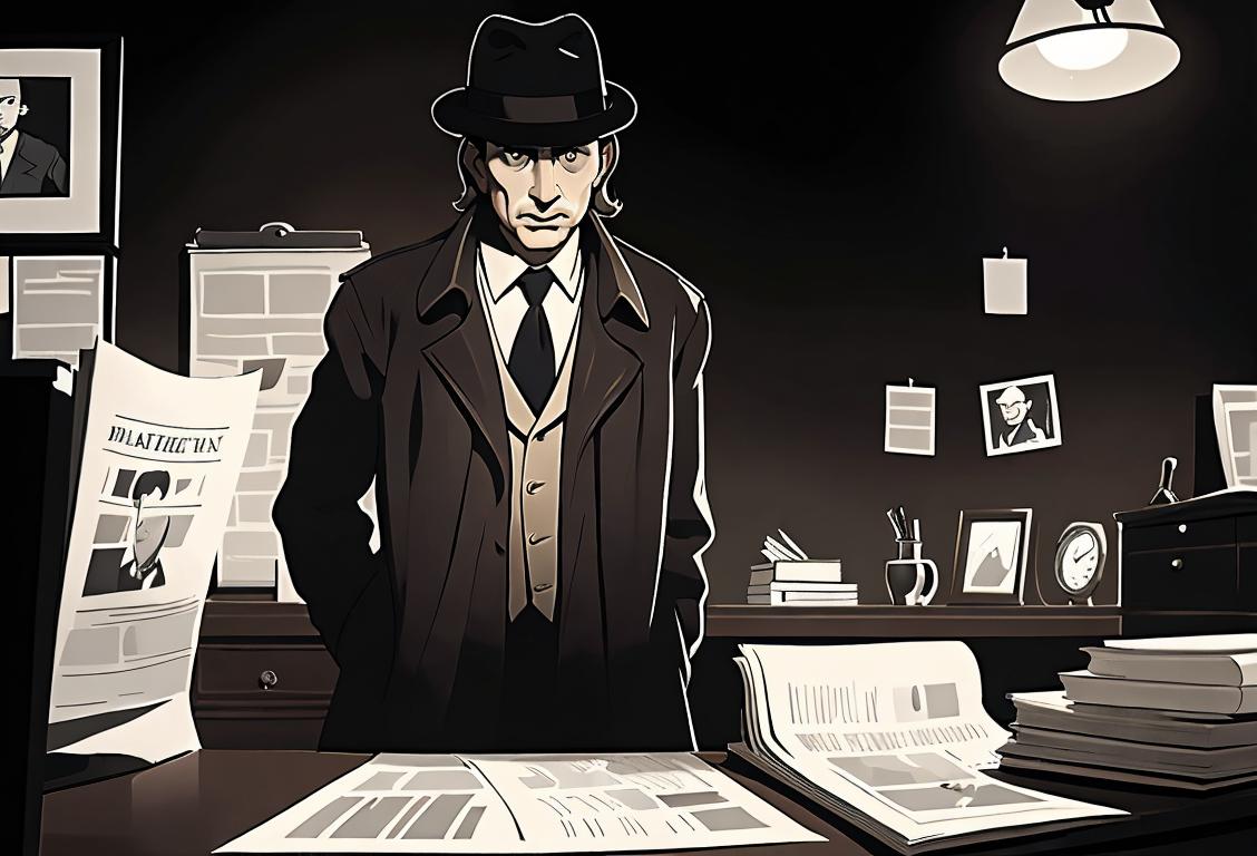 A determined detective holding a newspaper with Watergate headlines, wearing a trench coat and fedora hat, standing in a dimly lit office..