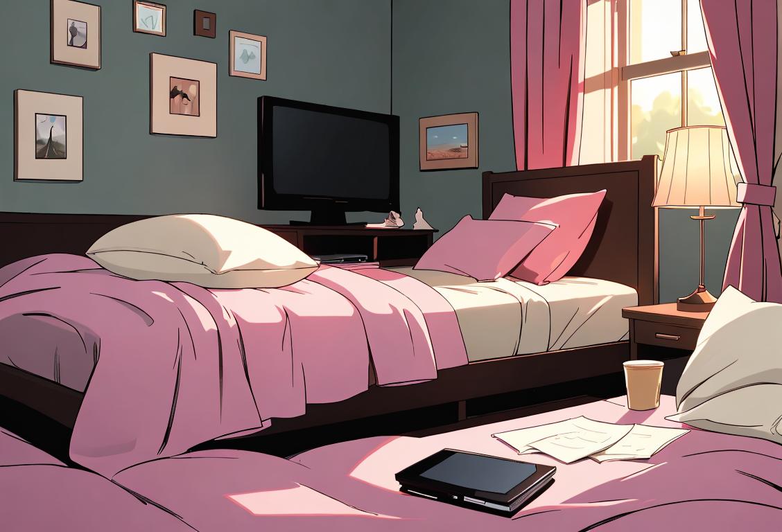 A cozy scene with a bed covered in blankets, a tissue box, and a laptop playing favorite TV shows on National Sick Day..