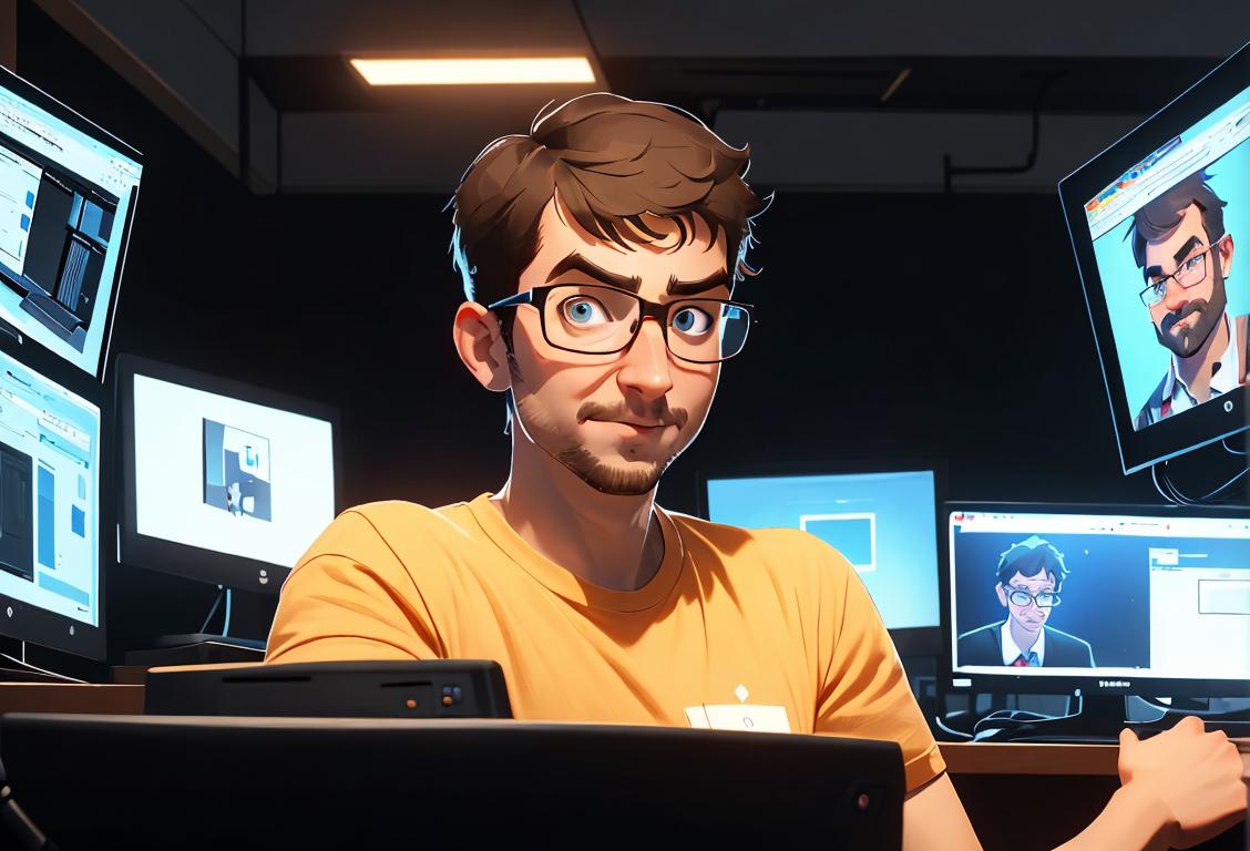 A friendly sysadmin hero sporting a geeky T-shirt, glasses, surrounded by computer screens and servers..
