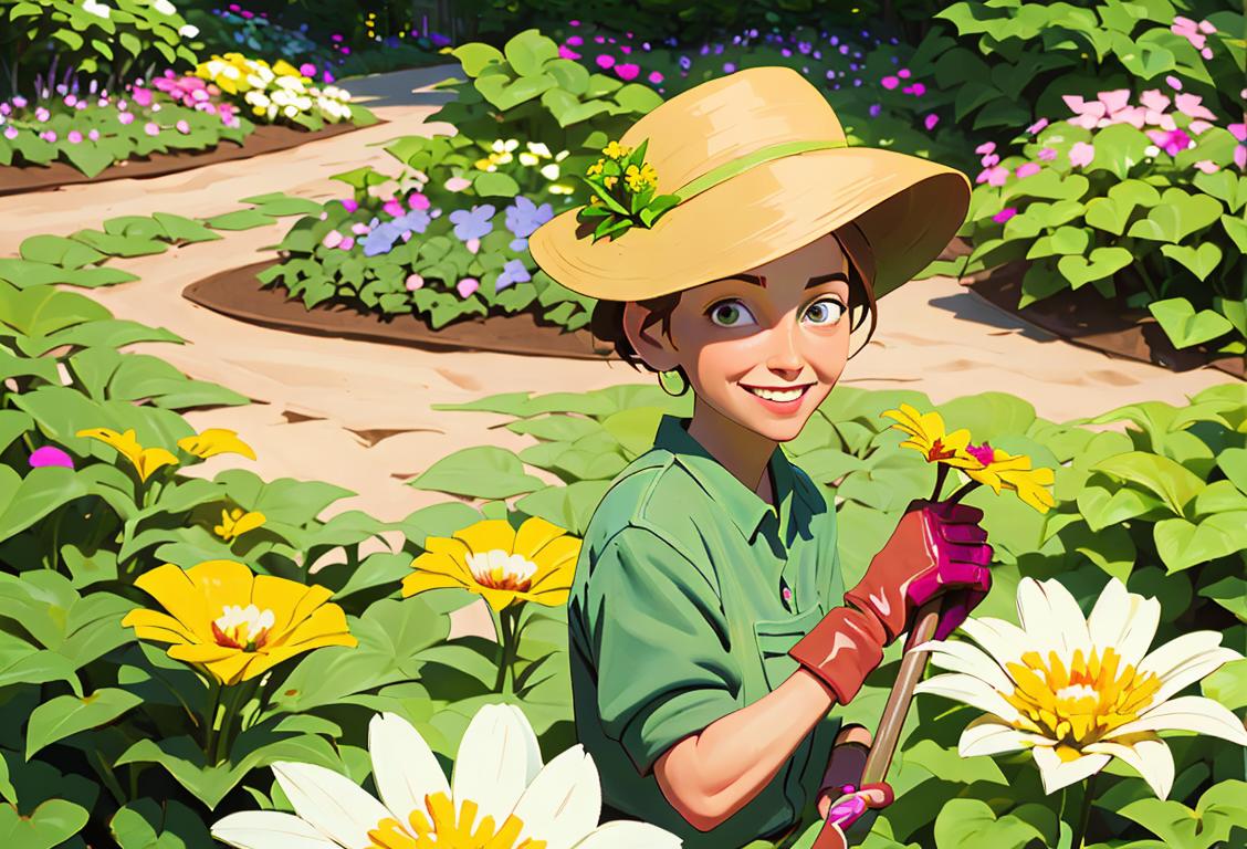 A cheerful person, wearing gardening gloves and holding a shovel, surrounded by blooming flowers and greenery..