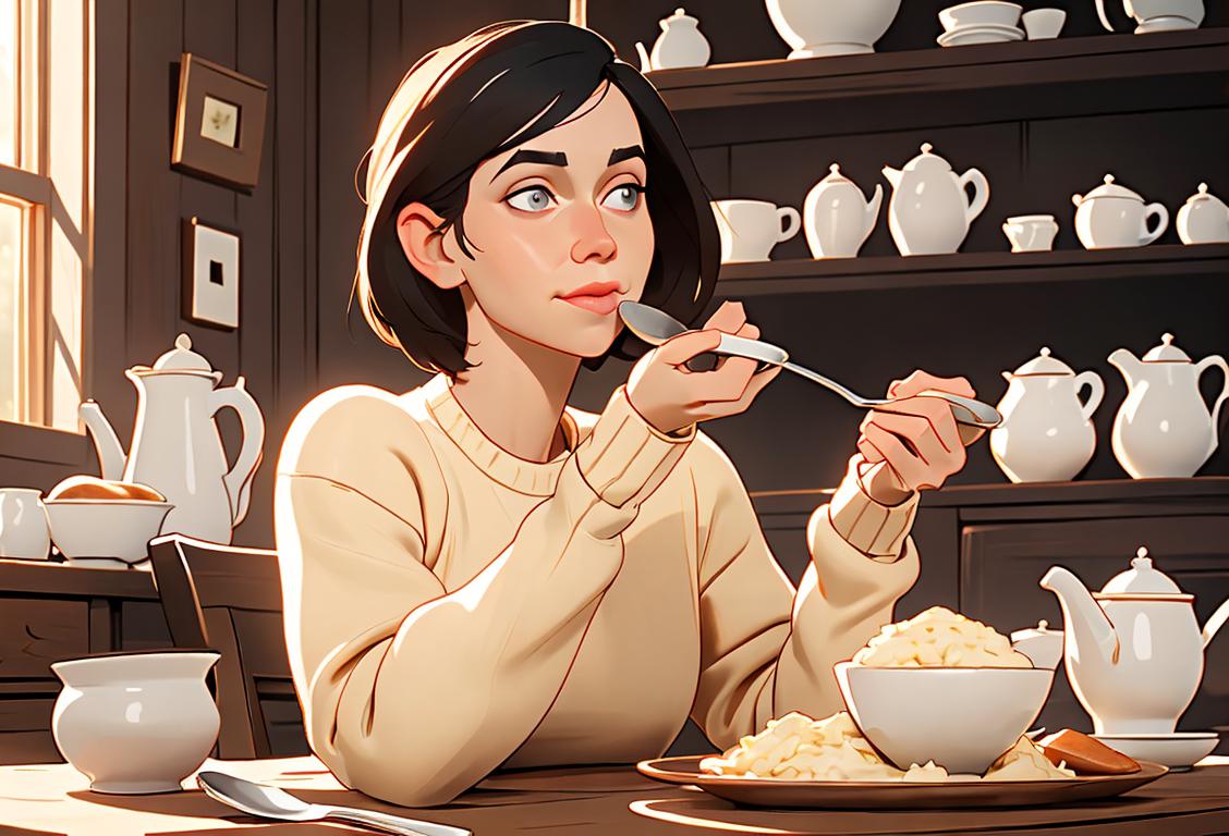 A person enjoying a bowl of creamy grits for breakfast, wearing a cozy sweater, rustic farmhouse setting.