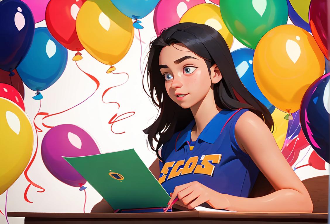 Excited high school student signing ceremonial letter, surrounded by supportive classmates, wearing school jersey, colorful balloons in background..