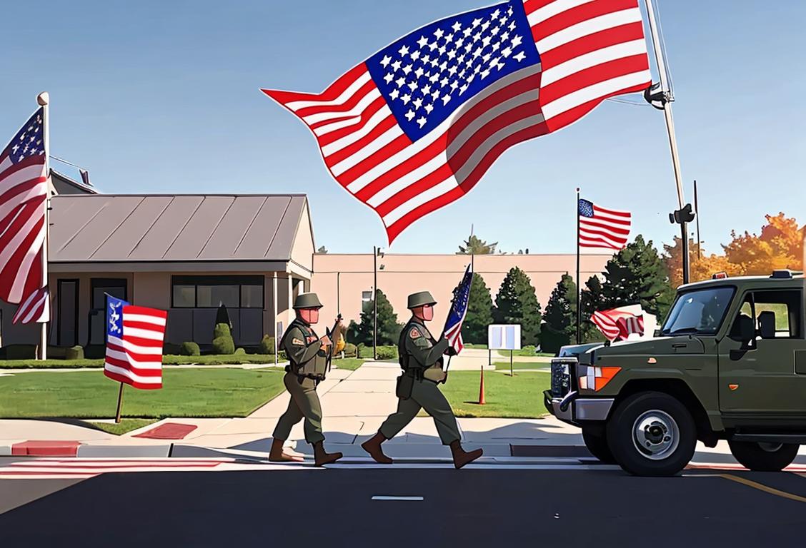 National guard troops in uniform assisting voters at a polling site, with American flags waving in the background, showcasing their dedication and patriotism..