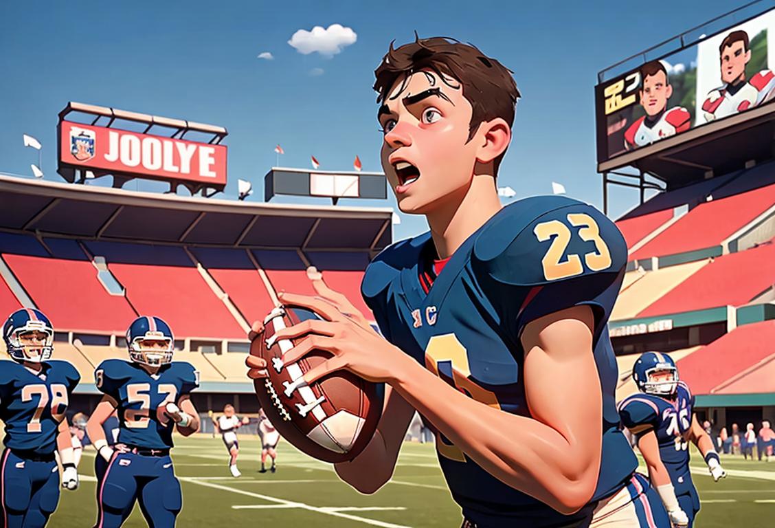 Excited high school football player in team jersey, holding pen, surrounded by cheering crowd, stadium background.
