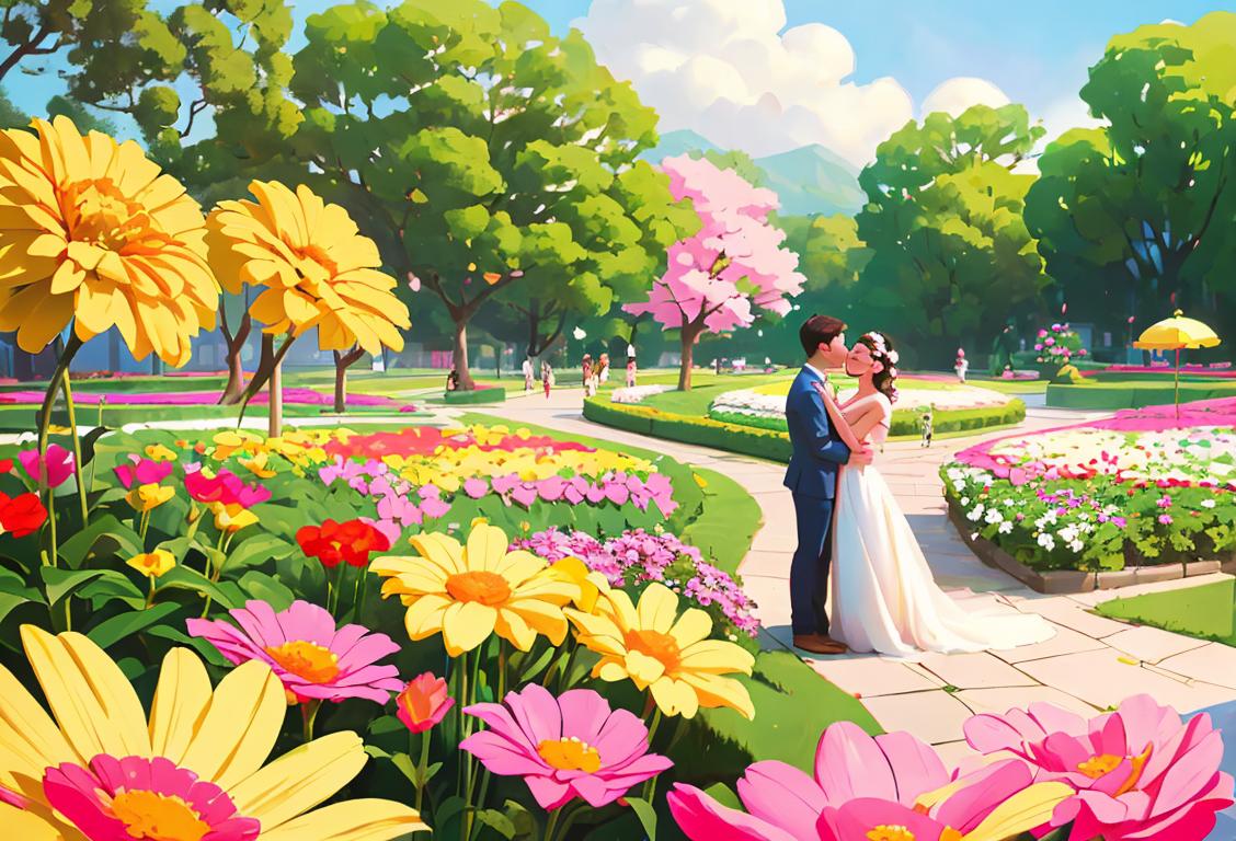 A couple embracing in a picturesque park, with flowers blooming, wearing trendy outfits, creating a charming and dreamy atmosphere..