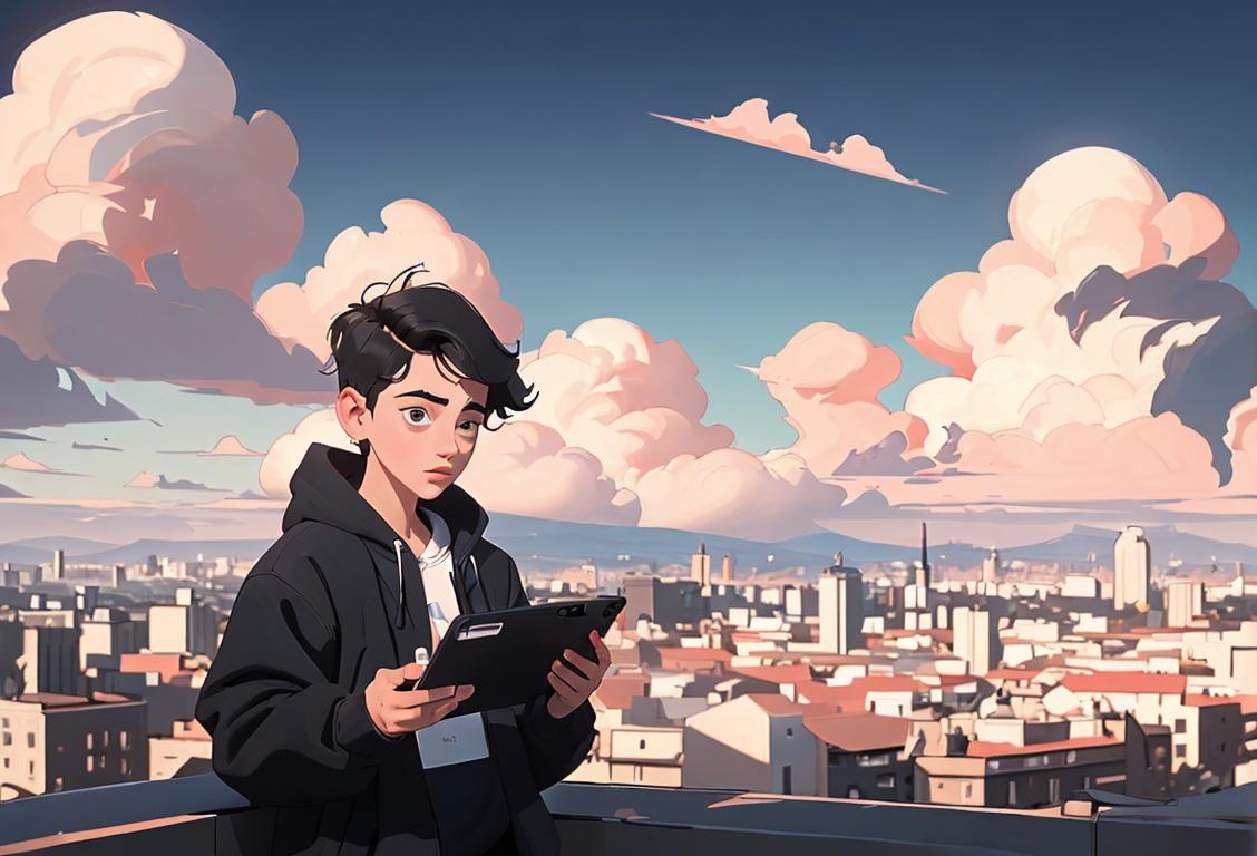 Young person holding a jull device, surrounded by clouds, wearing trendy streetwear with an urban cityscape in the background..