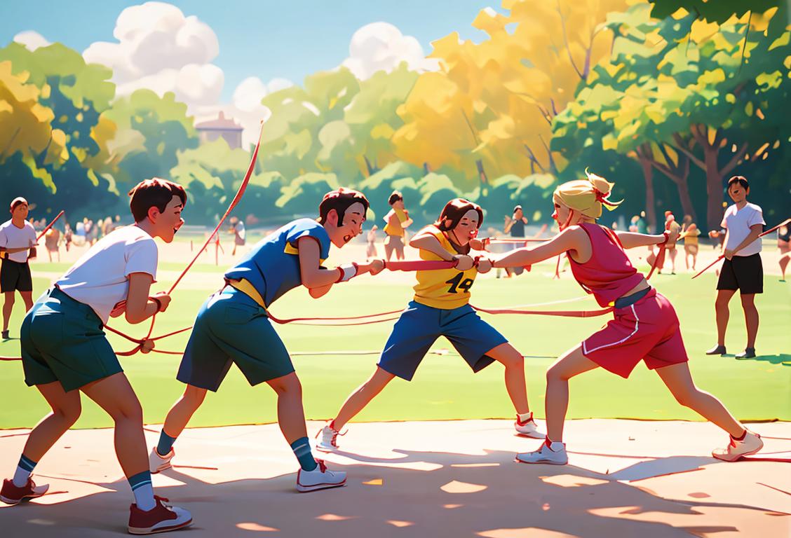 Group of friends, in summer attire, enjoying a sunny day at the park while participating in a friendly tug of war battle..