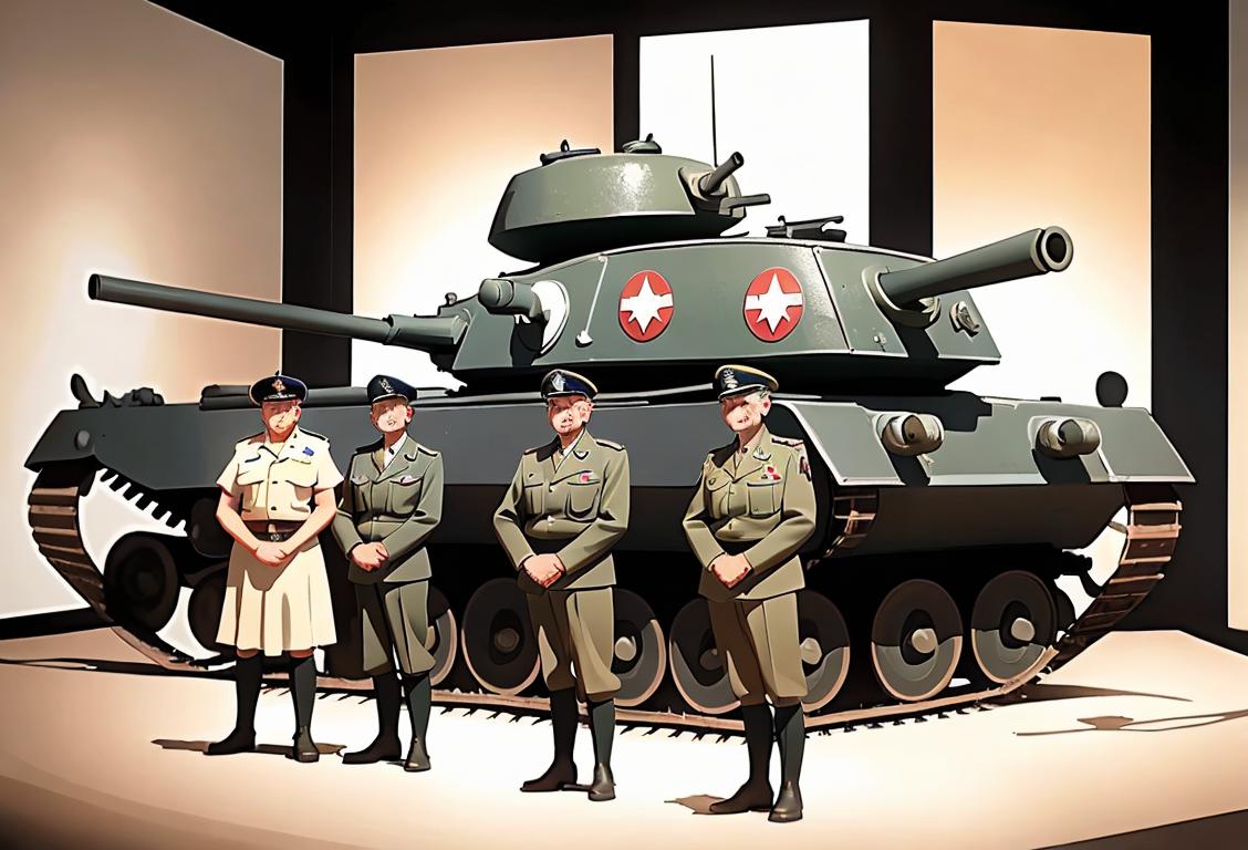 A group of WWII veterans standing proudly in front of a tank, wearing military uniforms, with historical artifacts displayed in the background..