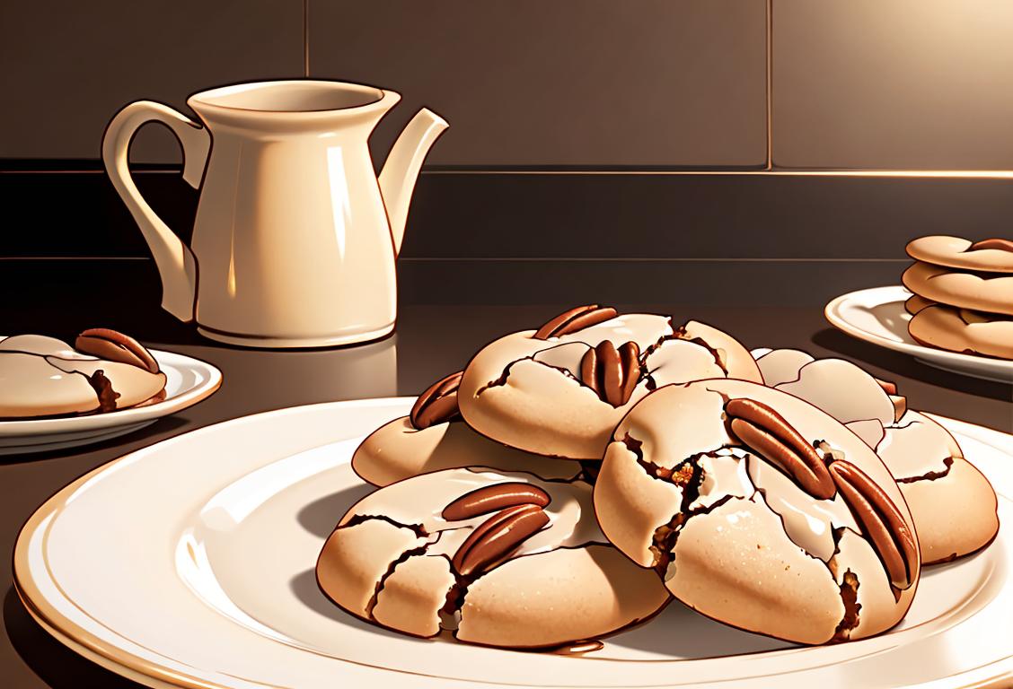 A plate of freshly baked pecan sandy cookies, golden brown and glistening, surrounded by a rustic kitchen setting..
