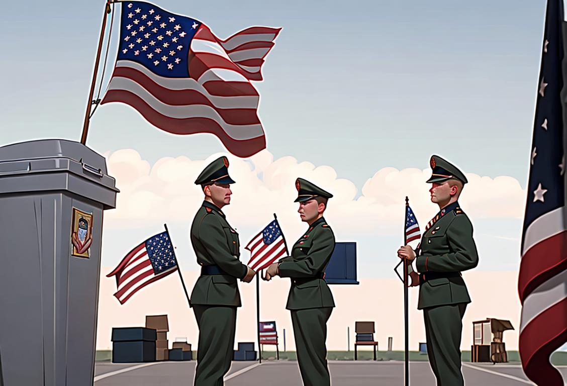 National Guard soldiers in uniform, holding American flags, standing in front of a patriotic backdrop with voting booths and ballot boxes..