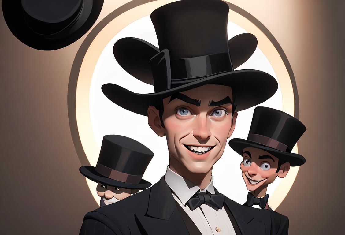 A cheerful person wearing a variety of hats, including a sports cap, a bowler hat, and a top hat, surrounded by hat displays..