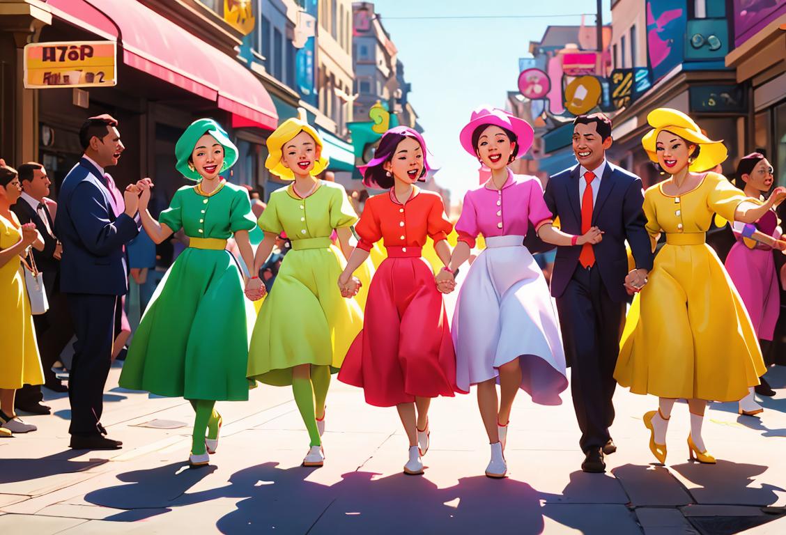 A diverse group of people joyfully holding hands, wearing colorful outfits, dancing in a bustling city street..