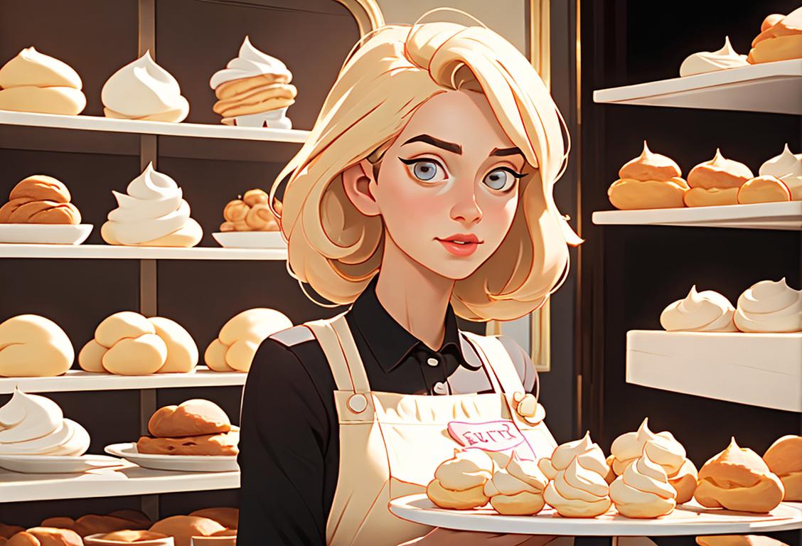 Young woman wearing an apron, surrounded by an array of delightful cream puffs, in a charming bakery setting..