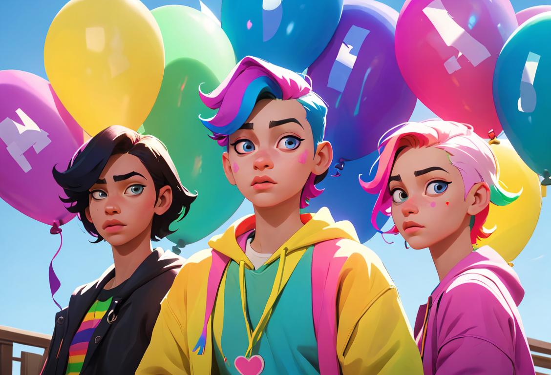 A diverse group of individuals wearing colorful and trendy clothing, posing in an urban setting with pride flags and rainbow balloons..