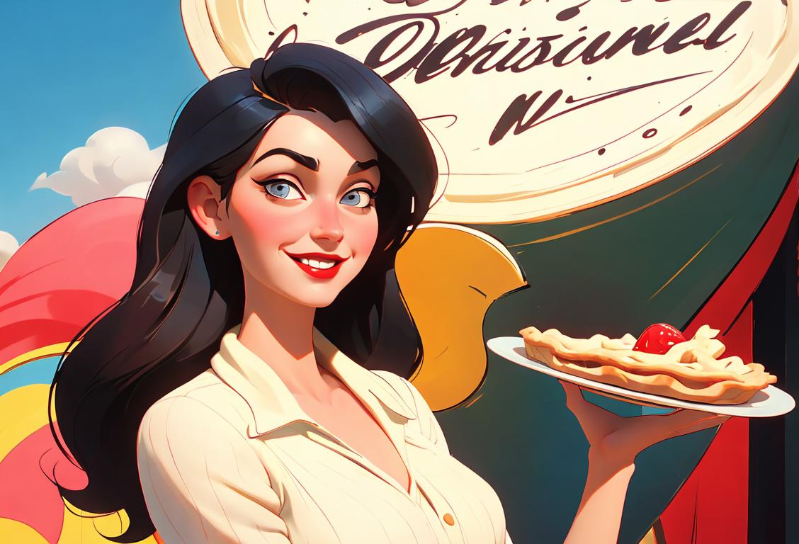 Young woman with mischievous smile, pie in hand, vintage style clothing, carnival atmosphere..