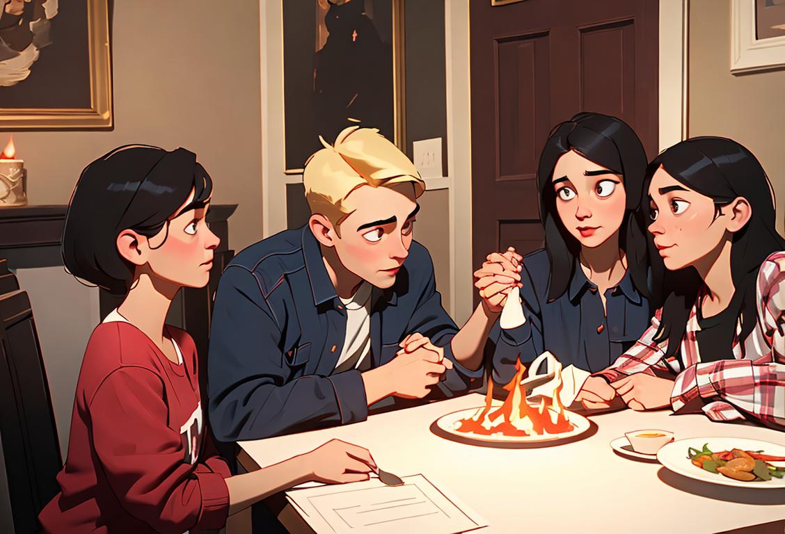 Family gathered around a dining table adorned with fire safety checklists, holding hands, wearing casual clothing, cozy home setting..