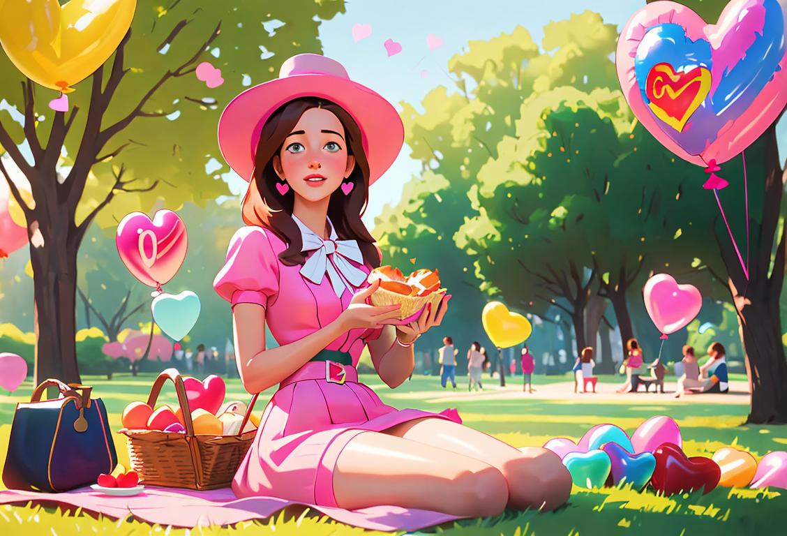 Young woman surrounded by heart-shaped balloons, enjoying a picnic in a park with friends, wearing a colorful outfit and a trendy hat.