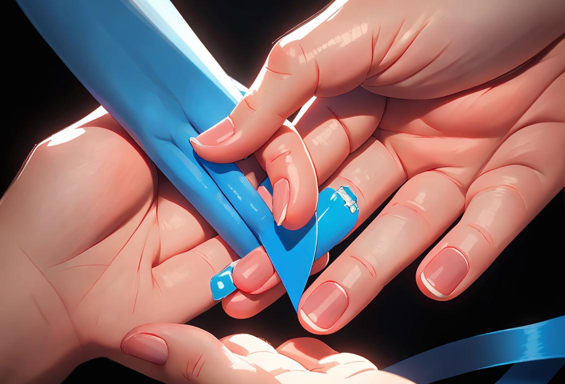 A friendly person of diverse background, wearing a blue ribbon and holding hands with someone, with a backdrop of a diverse group of people supporting each other..